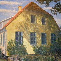 2013-12-08 18.46.54 Akrylbillede af den gamle skole på Strynø. 50x50 cm indrammet med svæveramme - 1.000 kr.